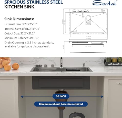 Sarlai Waterfall Kitchen Sink 33 Inch Drop In Workstation Sinks 33x22 Inch - Image 5