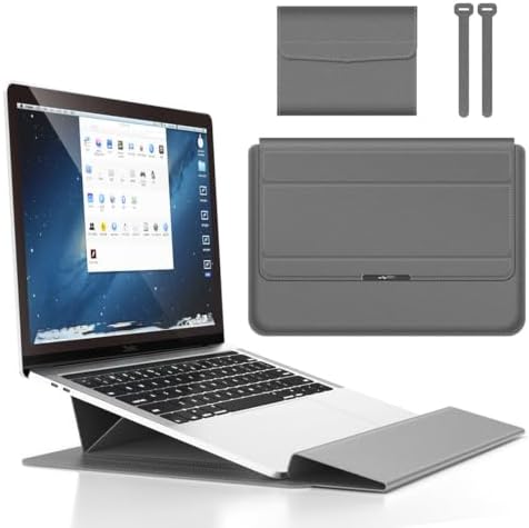 4 in 1 Ergonomic Workstation Set - Foldable Laptop Sleeve and Stand, Premium Leather Portable Computer Riser for 11-17 Inch Laptops, Waterproof Travel Organizer with Cooling Design (Gray,13-14") by Krisuary