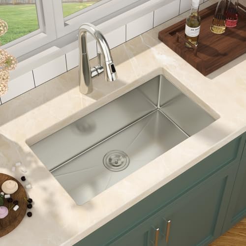 Mocoloo 28 Inch Undermount Kitchen Sink - 28" x 16" T304 Stainless Steel Handmade Single Bowl Round Corner Under Counter 9" Deep Basin - Image 3