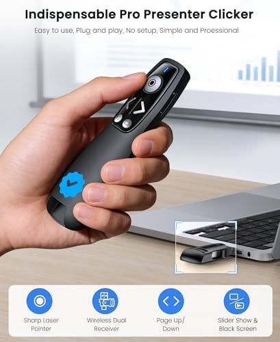 Wireless Presenter Clicker with Bluetooth & USB+Type-C Receiver, Red Laser Pointer, Powerpoint Clicker with Volume Control for PowerPoint/Keynote/Google Slides, Compatible with Laptop/Mac/PC/Android - Image 2