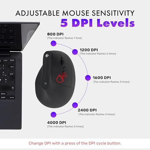 J-Tech Digital Wireless Mouse, Vertical Ergonomic Mouse with 2.4G Wireless & Bluetooth for 3 Multi-Device Function, Adjustable DPI Modes, Compatible with PC, Mac, Laptop - Black - Image 5