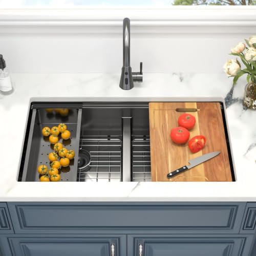 33 Black Undermount Kitchen Sink Double Bowl Workstation 50/50 Low Divide - Image 3