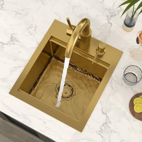 Bar Sink - Lordear 13x15 Gold Drop In Bar Sink with Faucet Soap Dispenser Workstation 16 Gauge T304 Stainless Steel Single Bowl Top Mount Wet Bar RV Prep Outdoor Kitchen Sink 13x15x9 Inch - Image 3