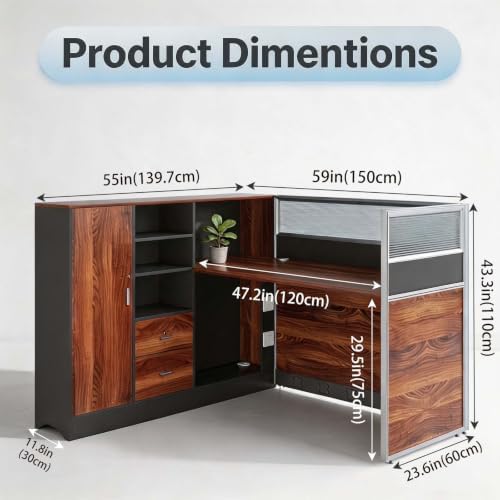 Modular Office Cubicle Workstation Desk with Privacy Panels and Cable Management, Long Computer Desk for Commercial Workspace, Sound Dampening Partition Wall (Walnut+Grey, 59IN) - Image 2