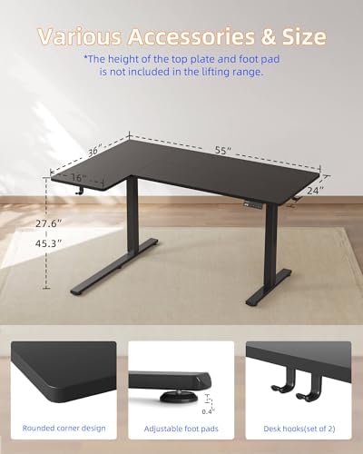 YIHAYO Reversiable L-Shaped Electric Standing Desk, 55 Inches Adjustable Height Corner Desk, Sit and Stand Up for Work Office Home, Computer Table with Splice Board, Black - Image 6
