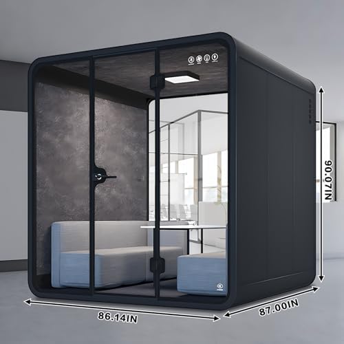 Office Sound Booth with Audio Privacy - Black Office Pod with Curved Corner Design&Small Table,Soundproof Booth Includes Central Lighting,Honeycomb Aluminum Panel,Fans for Meeting(86IN) - Image 2