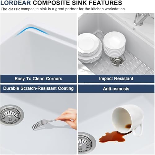 Lordear 33 Inch White Kitchen Sink Undermount Composite Granite Quartz Single Bowl Workstation 33x19x10 Inch Under Counter Kitchen Sinks - Image 6