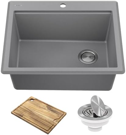 KRAUS Bellucci 25-inch Granite Workstation Drop In Top Mount Single Bowl Kitchen Sink in Metallic Grey with Accessories, KGTW12-25MGR by Unknown