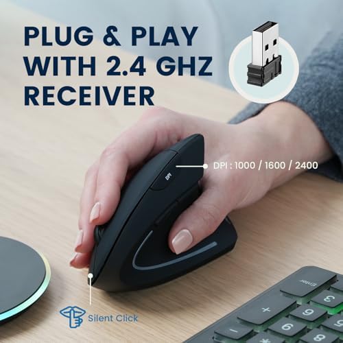 Perixx PERIMICE-713RX Wireless Rechargeable Vertical Mouse - Duo Wired and Wireless Charging Feature - Charging Pad Included - 6 Buttons Design - Black - Right-Handed Design - Image 6