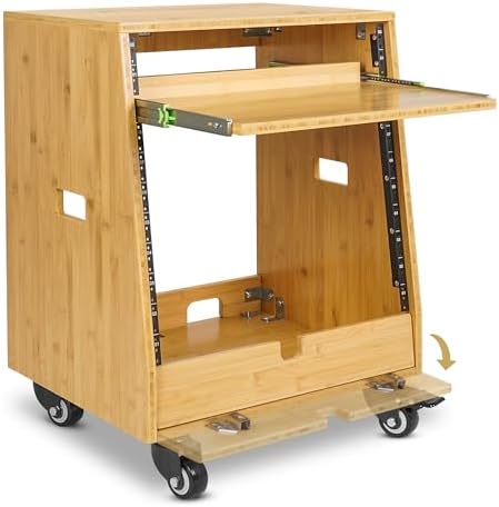 Sound Town DIY Slanted 10U Studio Rack (2U Top + 8U Lower) with Slide-Out Tray, 2U Bottom Storage & Casters, Solid Carbonized Bamboo Audio Equipment Rack for Recording Room & Home Studio (STBR-ST10T) - Image 4