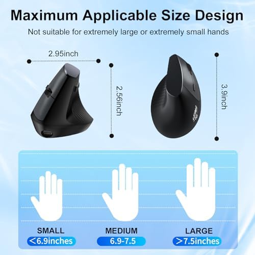 Ergonomic Bluetooth Mouse, Wireless Rechargeable Vertical Mouse for Carpal Tunnel with USBC & BT 5.0/3.0 & 2.4G Connect, Silent, Easy to use, 6 Buttons for Laptop PC MacBook Desktop Computer - Image 5