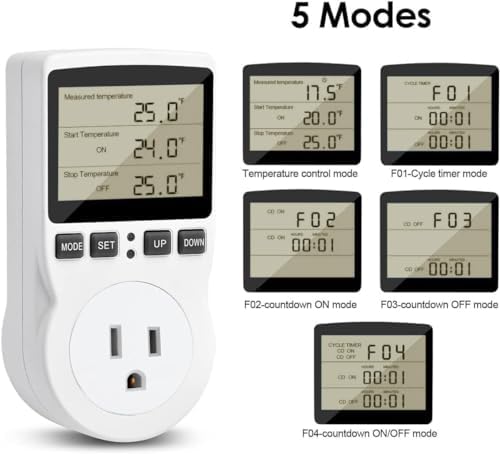 Diymore 1800W Plug in Thermostat Temperature Controller Electric Digital RV Thermostats Heating Cooling Control Mode Timer White 120V 15A Digital Temperature Controller Thermostat Timer LCD Display - Image 4