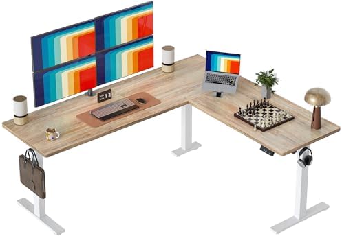 TIQLAB 75 x 61 inch Executive L Shaped Standing Desk Adjustable Height, Electric Corner Standing Desk, Sit Stand Computer Table with Splice Board, Maple by TIQLAB