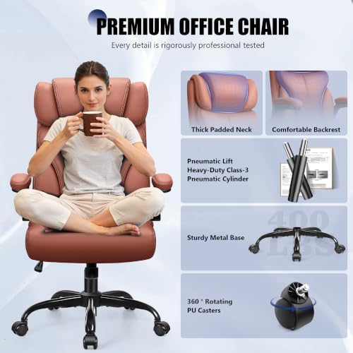 Primy Office Chair, High Back Desk Chair with Flip-up Armrests,Brown - Image 3