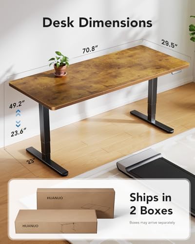 HUANUO 71x30 Inch 3-Stage Legs Electric Standing Desk,Large Height Adjustable Office Desk with Brushless Motor,Stand Up Desk with 4 Memory Presets & 2 Hooks,Computer Desk for Home Office,Vintage Brown - Image 3