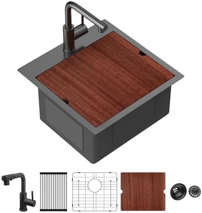 Sarlai Drop Bar Sink - 18 Inch Black Outdoor Kitchen Sink with Pull-out Faucet Gunmetal Black Drop In Workstation 18 x 18 Topmount Stainless Steel 16 Gauge Single Bowl Bar Prep RV Outdoor Sinks Basin by Sarlai