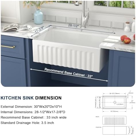 Lordear 33 White Farmhouse Sink Workstation Porcelain Farm Kitchen Sinks White Single Bowl Basin 33x20x10 Inch Large Bowl Sink - Image 6