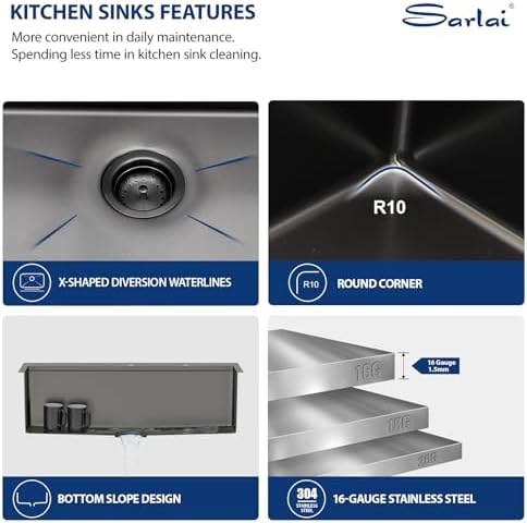 Sarlai 33 Black Kitchen Sink with Faucet- 33x22 Inch Drop In Kitchen Sink Gunmetal Black Ledge Workstation Sinks 16 Gauge Stainless Steel Single Bowl Topmount Sinks Basin with Pull-out Faucet - Image 6