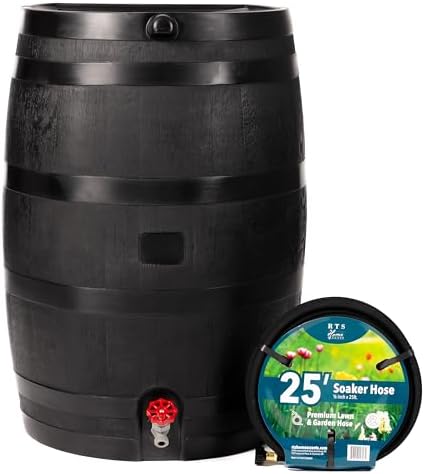 RTS Home Accents 50-Gallon ECO Rain Barrel Made with 100% Recycled Plastic, Flat Back Rain Water Collection Barrel, Soaker Hose Included, Black by RTSCompaniesInc