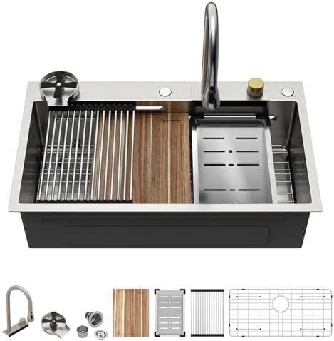 33 Inch Drop In Workstation Waterfall Kitchen Sink with Accessories - Image 2