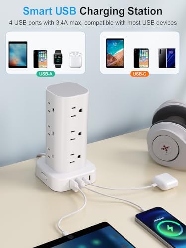 6FT Power Strip Tower Surge Protector, 12 Wide Spaced Outlets, 4 USB - Image 4