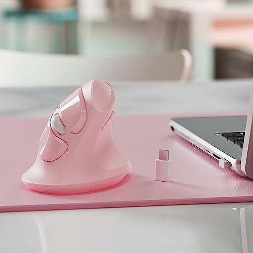 MicroPack Ergonomic Vertical Wireless Mouse, Silent Cordless Office Mouse with USB-A & Type-C Receiver, 800/1200/1600 DPI, 6 Buttons, Reduces Wrist Strain for Work, Windows, Mac, PC & Laptop Pink - Image 7