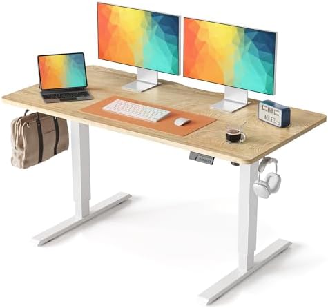 DESINO Standing Desk, 55 × 24 Inches Electric Height Adjustable, Sit and Stand Up, Computer Office Desk with Splice Board, White Frame/Oak TOP by DESINO