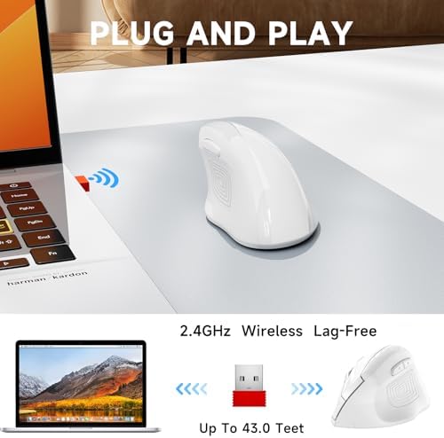 memzuoix Ergonomic Wireless Mouse, 2.4G Optical Cordless, 800/1200/1600 DPI, Vertical Computer Mouse for Laptop, Mac, PC, Desktop (Right Hand, Large) - White - Image 4