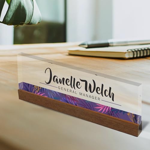 Artblox Personalized Office Desk Name Plate and Business Card Holder | Clear Acrylic Glass with Teak Wood Stand | Purple Stripe Design Customized with Your Name and Credentials Office Desk Décor - Image 3
