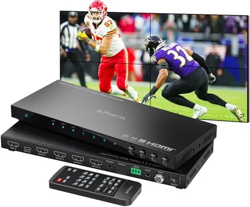 PORTTA 2x2 HDMI or USB-C Video Wall Controller 4K 60Hz, Video Wall Processor with 11 Splicing Modes, RS232, 180° Rotate, Audio Extractor, 2x2,1x2,1x3,1x4,2x1,3x1x4x1, 4 tv Screens into 1 Wall Display by PORTTA