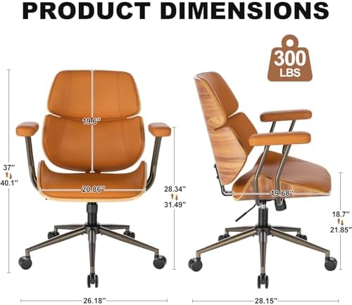 Mid Century Walnut Bentwood PU Leather Office Chair with Arms, Brown - Image 2