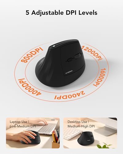 KYSONA Ergonomic Mouse Wireless, Bluetooth Vertical Mouse, 5-Level Adjustable DPI, 2.4G Silent Switch Mice for Windows, MacOS, IPadOS, Laptop, PC, Black - Image 4