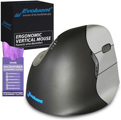 Evoluent Vertical Mouse 4 Right Hand (VM4R) - Ergonomic USB Wired Mouse for Laptop and PC with Jestik Microfiber Cloth (Regular Size) Black by Evoluent