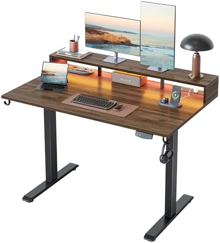 Klicelor Electric Standing Desk with Shelf, 48 Inch Height Adjustable Desk with Power Outlets & LED, Sit Stand Up Table with Monitor Stand, Computer Workstation for Home Office, Dark Walnut by Klicelor