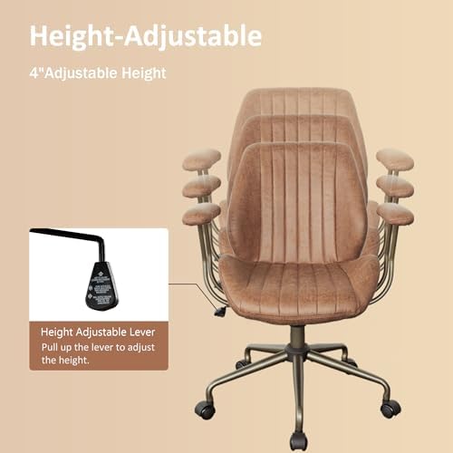 Mid Back Home Office Chair, Mid Century Modern Executive Chair, Comfy Ergonomic Rolling Office Desk Chair with Lumbar Support, Brown Faux Leather Office Chair, Brown - Image 4