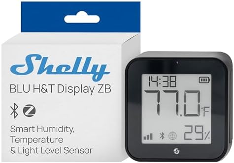 Shelly BLU H&T Display ZB Black, Bluetooth & Zigbee Operated Temperature & Humidity Levels Sensor, E-Paper Display, Home Assistant, Alexa, Google Home, Real-Time Monitoring, Long-Life Battery by Shelly