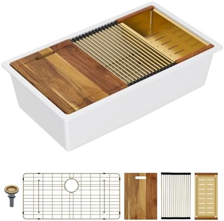 Lordear 33 Inch White Kitchen Sink Granite Composite Undermount Kitchen Sink Workstation 33x19 White Quartz Sinks Under Counter Single Bowl with Classic Gold Accessories by LORDEAR