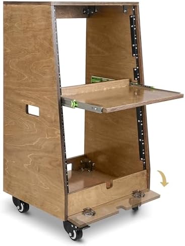 Sound Town DIY Slanted 16U Studio Rack (8U Top + 8U Lower), with 2U Bottom Storage, Slide-Out Tray, Caster, Plywood, Weathered Brown for Recording Room, Home Studio (SDRK-ST16TB) - Image 4