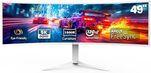 CRUA 49" DQHD 120Hz Ultrawide Curved Gaming Monitor, 1500R, FreeSync, White by CRUA
