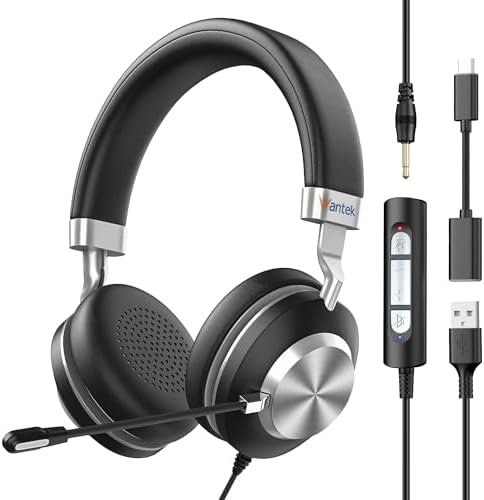Wantek Headset wtih Mic, USB Headset with Microphone for PC, Computer Headset with Noise Canceling Microphone with Mute for Work Home Office Online Skype Zoom Meetings by Wantek