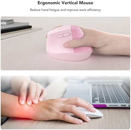 KYSONA EM18 Wireless Ergonomic Vertical Mouse, Ergo Design, Bluetooth Cordless Mouse for Medium/Large Hands, Silent Click, 5-Level Adjustable DPI, Carpal Tunnel Mice for Computer/PC/Mac/Laptop, Pink - Image 3