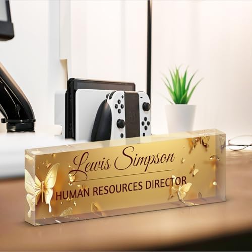 Custom Name Plate for Desk, Office Desk Double sided pattern Name Plate Personalized Office Desk Decor for Women and Men, Teacher Nurse Boss Employee Appreciation Gifts (Golden Butterfly, customization) - Image 3