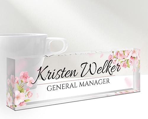 Personalized Office Name Plate for Desk - Custom Employee Appreciation Gifts - Acrylic Desk Name Plate Personalized - Staff Appreciation Gift for Teacher, Coworker, Nurse, Manager (Pink Flower) by Gowelly