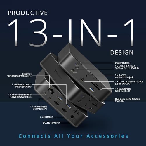 Kensington SD5010T5 Thunderbolt 5 Docking Station with 140W PD, Up to Three 4K 60Hz Displays, 13 Ports, 2 x HDMI, 2 x TB5, SD & Micro SD 4.0 Slots, 2.5Gbps Ethernet (K35231NA) - Image 3