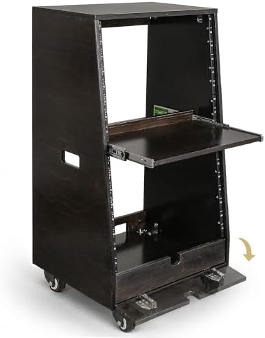 Sound Town DIY Slanted 16U Studio Rack (8U Top + 8U Lower) with 2U Bottom Storage, Slide-Out Tray, Casters, for Home Studio and Recording Room, Birch Plywood, Black Espresso (SDRK-ST16TD) by SOUNDTOWN