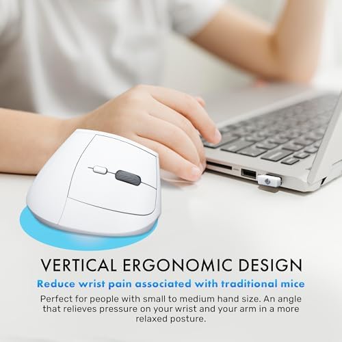 J-Tech Digital Wireless Mouse, Vertical Ergonomic Mouse with 2.4G Wireless & Bluetooth for 3 Multi-Device Function, Adjustable DPI Modes, Compatible with PC, Mac, Laptop - White - Image 4