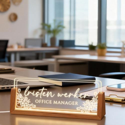 Personalized Light Up Acrylic Desk Name Plate - Custom Name Plate for Desk with Walnut Wood Base - Appreciation Office Gifts for Employees, Teacher, Social Worker (Flower) - Image 6