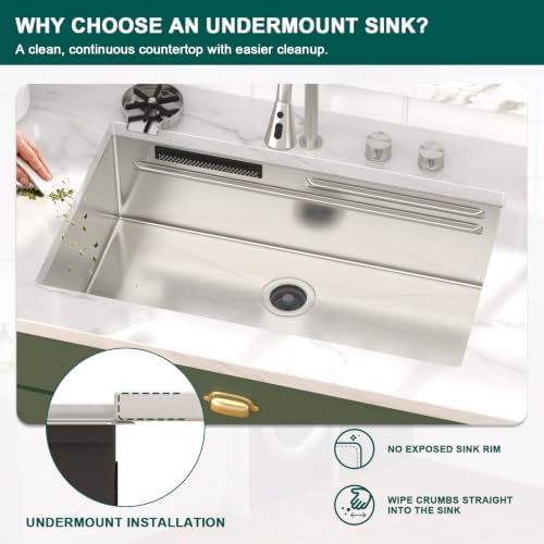 32x19" Undermount Kitchen Sink with Faucet, SS304 Waterfall Sink - Image 2