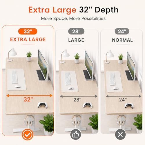 Grandder 55x32 Large Electric Standing Desk, Height Adjustable Computer Desk with 2 Memory Presets, 31.5" Deep Desktop Sit Stand Desk Home Office Desk Workstation Table with Hooks, Light Walnut - Image 4