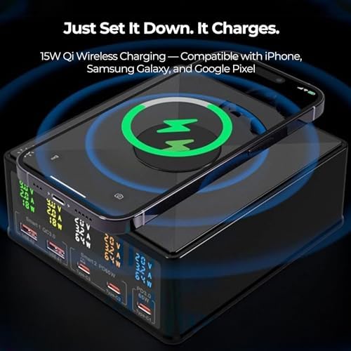 160W Desktop Charger Station with Wireless Charging Pad & Per-Port Display - Image 4
